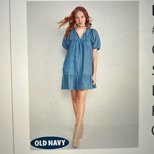 Old navy puff sleeve tie neck chambray all day mini swing dress